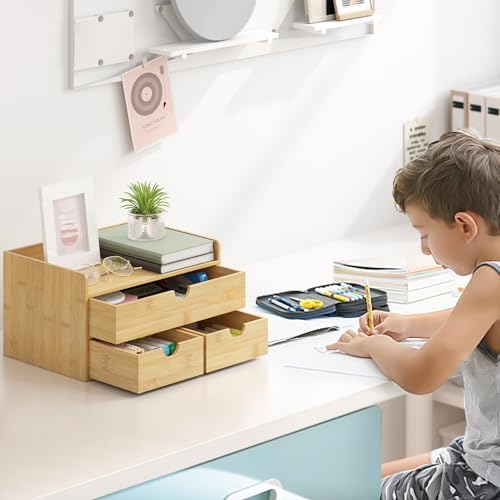 Bamboo Desk Organizer with Drawers, Desktop Storage Box for Office Supplies - Image 4