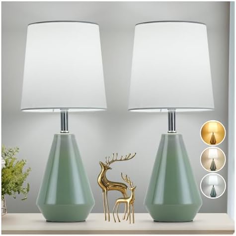 Small Bedside Table Lamp for Bedroom-Reading Desk Lamp Set of 2,with 3 Color Temperatures,15.5" Nightstand Ceramic Lamp with Fabric Shade for Kids Room,Living Room,Dorm,Home Office (Green+White ) by Illuminatingyoumeandhim