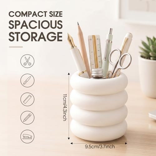 Aesthetic Desk Organizer Boho Pen Holder Modern Pencil Holder Beige Plastic Makeup Brush Organizer for Office Desk Accessories Stylish Home Office Art Decor Supplies(Wavy) - Image 2