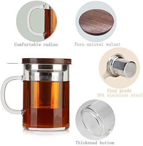 COMI Tea Cup with Infuser Walnut Lid&Handle, Glass Tea Cups with Wide Mouth Extra Large Capacity, Stainless Steel Tea Infuser Mug for Loose Leaf Tea Steeping(14oz/400ml) - Image 3