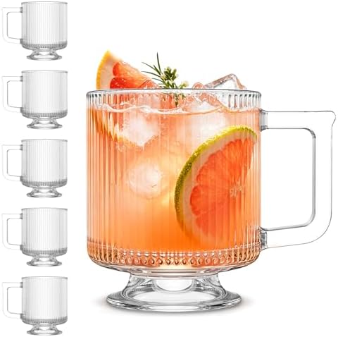 INSETLAN 6-Piece Ribbed Glass Coffee Mug Set, 10 oz Clear Glass Tea Cups with Handle, Modern Vertical Stripe Design for Everyday Drinks – Perfect for Coffee, Tea, Latte, Cappuccino, and More by INSETLAN