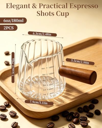 2 PCS Espresso Measuring Cup 6 Oz, Espresso Glass Cups with Wood Handle, Milk Frothing Cup, Espresso Cup for Coffee, Milk, Tea or Maple Syrup Serving - Image 2