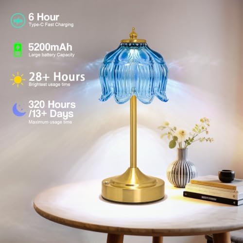 Cordless Table Lamp, Rechargeable Blue Glass Lotus Flower Lamp - Image 4