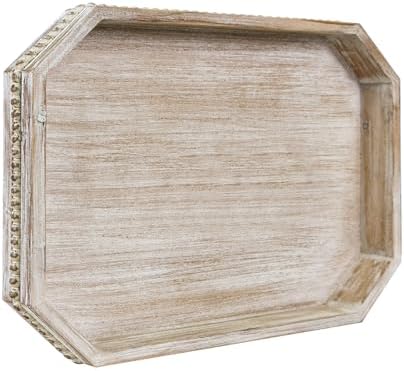 Wooden Decorative Tray, Rustic Serving Tray with Wood Bead, Farmhouse Big Tray for Ottoman, Countertop, Coffee Tabl, 16.5" x 13"x 1.6" (White Washed) by CEDARLUX