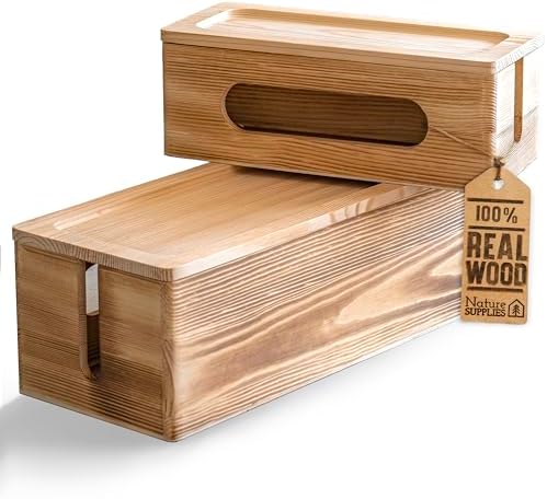 NATURE SUPPLIES Set of 2 Wooden Cable Management Boxes, Large and Medium Cord Organizer to Hide Wires and Power Strips for TV, Desk, Computer, Cable Storage and Organization, Dark Brown by NATURESUPPLIES