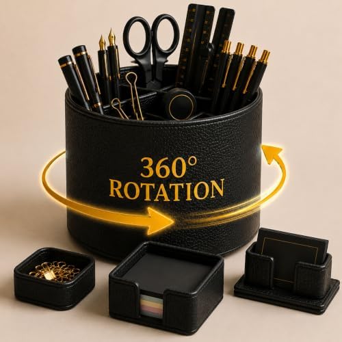 4 Pcs Aesthetic PU Leather Desk Organnizer Set, Black by Unknown