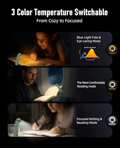 HIONXMGA Book Reading Light,Silent Touch Books Lamp for Reading in Bed,Rechargeable Clip on Booklight with 3 Amber Colors & 7 LEDs Precise Dimming for Eye Caring Night Reading,Book Lovers,Kids,Green - Image 3
