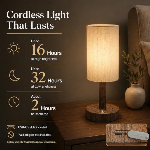 Small Rechargeable Cordless Table Lamp, Nightstand to Desk, Dark Walnut - Image 3