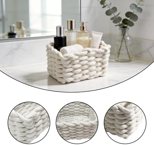 Woven Baskets 2 Pcs White, Small Storage Basket & Basket Organizer, Decorative Basket for Home, Countertop Cosmetics Toys Wardrobe Living Room Bedroom Desktop Storage and Decoration - Image 3