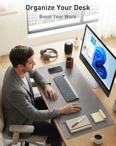 Aothia Faux Leather Desk Mat - Non-Slip PU Leather Desk Blotter, Waterproof Writing Surface, Large Desk Pad for Office & Home (Light Grey, 55" x 24") - Image 3