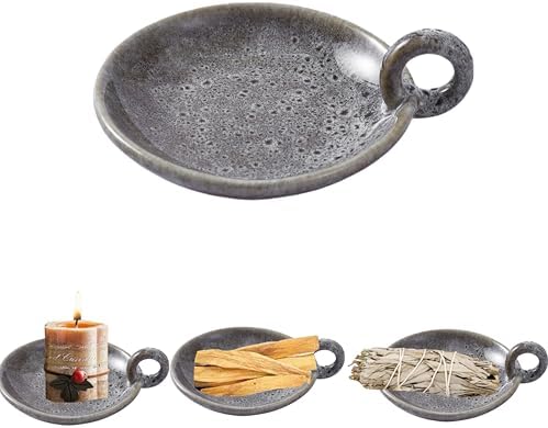 1pack Vintage Ceramic Candle Holders with Handle, Round Farmhouse Ceramic Plate Tray,Sage Holder for Burning,Incense Holder for Meditation Room Home Decor(Green) by VIRFONOR