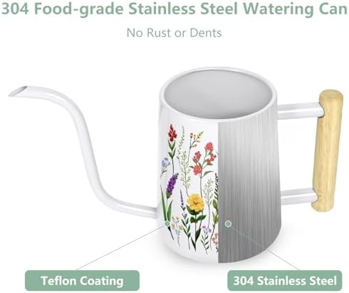 Watering Can Indoor Plants, 35 oz/1000 ml Metal Stainless Steel Watering Can Pot with Long Spout for Indoor House Plants Bonsai Outdoor Garden Flower Decorative White Flowers - Image 4