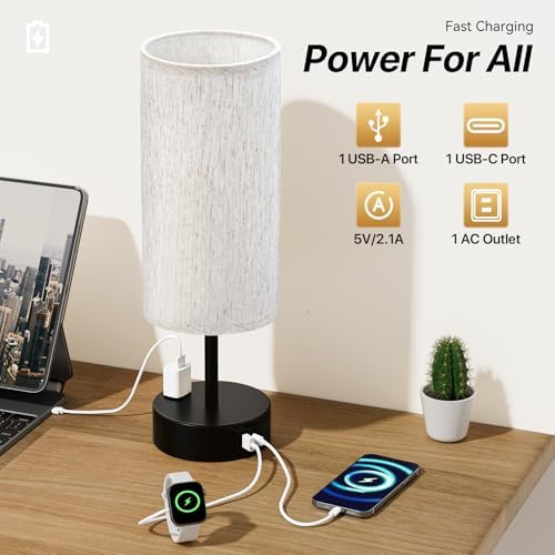 KPQ Bedside Lamp Touch Control Table Lamp with USB A+C Charging Ports & AC Outlet 3-Way Dimmable Nightstand Lamp with Linen Fabric Shade (Beige Shade-Black Base, 14" Small Size Touch Control) - Image 3