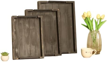 3Pc Rustic Black Vintage Nested Wood Serving Trays, Decorative by Juleduo
