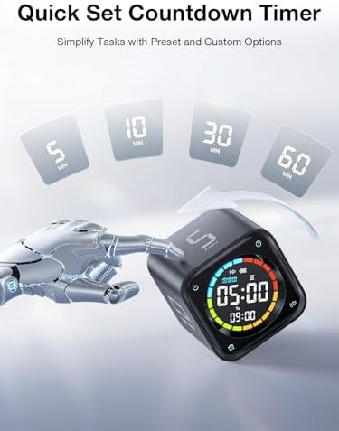 TK3 Pomodoro Timer Cube, Desk Productivity Timer with 5/10/30/60 Min Presets, Custom Countdown, Stopwatch, Clock, 3 Alarm, Silent, Vibrate & Sound Alert, for Task, ADHD, Study, Kitchen, Black - Image 3
