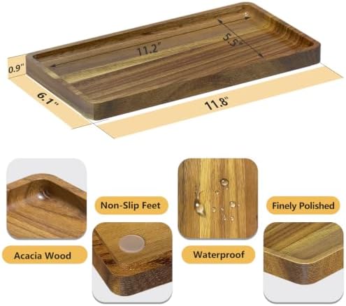 WEENSON Acacia Wood Bathroom Vanity Tray for Soap Dispenser, Toiletries, Makeup, Perfume, Decor, Kitchen Tray for Counter Salt Spice, Toilet Tank Tray for Candle, Nightstand 11.8"x6.1" - Image 3