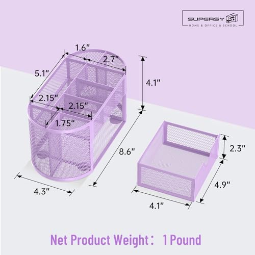 Mesh Desk Organizer with Drawer, 9-Compartment Pen Holder for Desk, Purple - Image 7