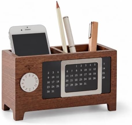 Wooden Desk Organizer with Perpetual Calendar, Multi-Compartment Pen Holder, Office Desk Storage Box for Pens, Phone, Stationery & Small Accessories by Unknown
