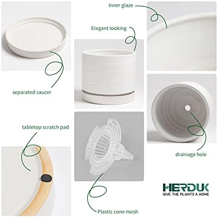 HERDUK 8 Inch Pots for Plants, Ceramic Planter Pot with Drainage Hole & Saucer, Indoor/Outdoor Cylinder Round Planter Pot, Matte White - Image 4
