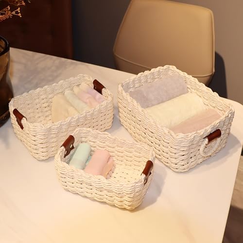 QINGTUHONE Woven Paper Rope Wicker Basket for Organizing(Set of 3,Beige) - Image 2