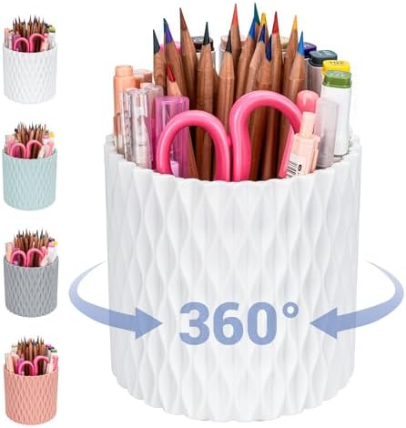 Pen Holder - 360° Rotating, 5 Slot Pen Holder For Desk. Pencil Holder For Office,School,Dorm Room&Vanity, Desk Accessories(White) by 4Johor