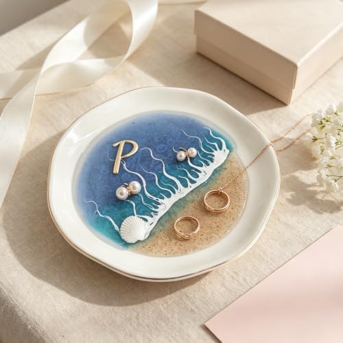 Small Decorative Tray, Ocean Resin Coastal Beach Ceramic Tray, Gold Rim Ring Dish Jewelry Holder, Mini Trinket Dish for Vanity Shelf Bathroom Home Decor (P) by Unknown