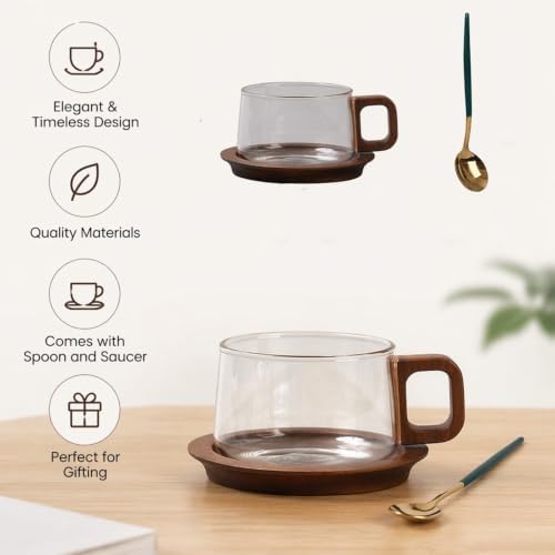 Clear Glass Coffee Cup with Wooden Handle and Base, 260ml Heat Resistant Tea Mug Set with Spoon, Elegant Latte Espresso Drinkware for Home Kitchen Office - Image 3