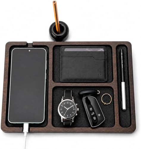 Desk Organizer Tray for Men with Ceramic Pen Holder, Wooden Valet Tray, Minimalist EDC Desk Organizer for Phone, Wallet, & Keys, Nightstand Bedside, Entryway, Birthday Gift for Him by YadShop