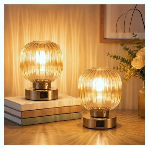 Elenhome Touch Table Lamp Set of 2, 3-Way Dimmable with Glass Shade, USB-C+A Charging Ports, Mid-Century Modern Small Bedside Lamps for Nightstand, Bedroom, and Living Room, LED Bulb Included (Amber) by Elenhome