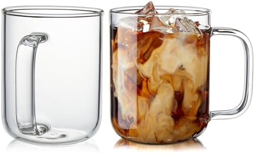 Glass Coffee Mugs, 12 oz iced coffee cups, Clear Tea Cups Set of 2, Glass Mugs with Handles, Glass Cups for Latte, Cappuccino, and Tea by BWODYAY