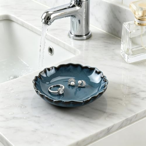 HOME SMILE Ceramic Jewelry Ring Dish Pastel Blue Ruffled |Trinket Tray for Rings, Earrings, Necklaces|Gifts for Women|Vanity Organizer & Bathroom Decor - Image 2