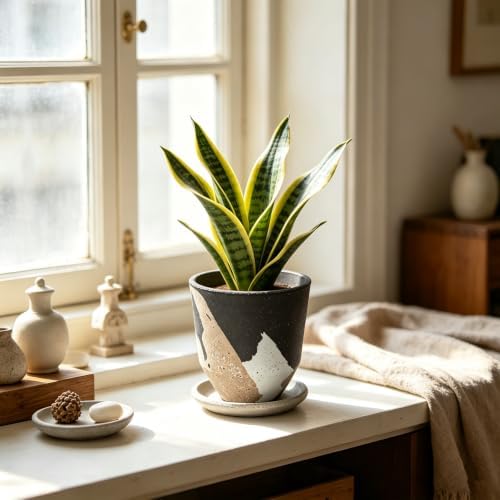5.1 Inch Ceramic Planter Pot with Drainage Hole and Saucer, Rustic Round Flower Pot for Indoor Succulent Plants, Home Office Desk Decor(Brown&White) - Image 2