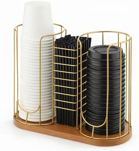Geelin 18oz Adjustable Coffee Cup Dispenser with Wooden Base, Cup and Lid Holder, Cups Holder Organizer for Coffee Pod Straw and Lid Storage(3-compartment Single,Color 2) by Geelin