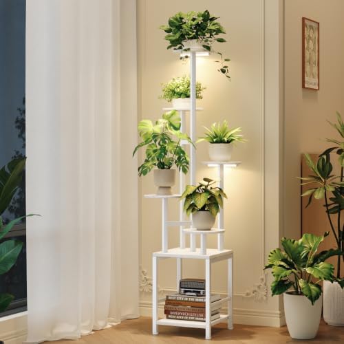 Homsorout Plant Stand Indoor with Grow Light, 6-Tiered Tall Plant Stand Indoor, Metal Plant Shelf with Hanging Basket Hook and Adjustable Light, Ideal for Living Room, Garden, Round Patio white by Homsorout