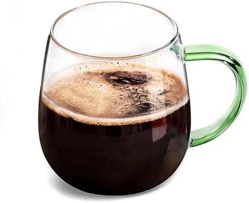 Clear Glass Mug With Green Handle, 16 oz, High Borosilicate Large Coffee Mug for Drinking or as a Gift by MAQQL
