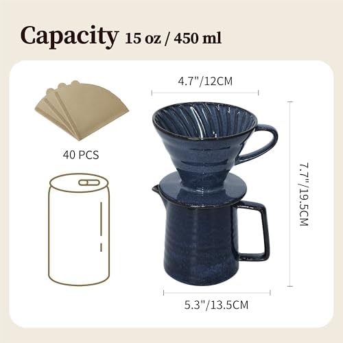 Vintage Ceramic Pour Over Coffee Maker with V60-Style Dripper and 40 Paper Filters (Blue) - Image 6