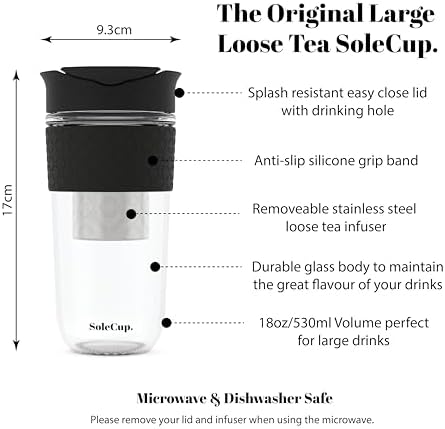 Large Travel Mug Loose Tea Infuser - Detachable Tea Strainer with Spill Proof Lid - 18oz/530ml BPA-Free Reusable Glass Travel Coffee Cup with Silicone Band (Black, 18oz) - Image 2