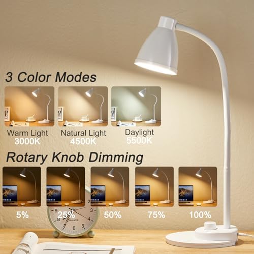 BOHON LED Desk Lamp with USB Charging Port, 3 Color Modes Dimmable, White - Image 2
