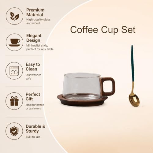 Clear Glass Coffee Cup with Wooden Handle and Base, 260ml Heat Resistant Tea Mug Set with Spoon, Elegant Latte Espresso Drinkware for Home Kitchen Office - Image 5
