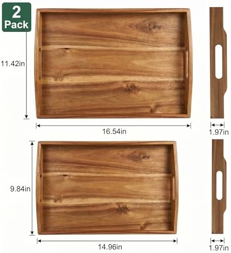 Acacia Wood Serving Tray Set of 2 with Handles for Ottoman Coffee Table - Image 3