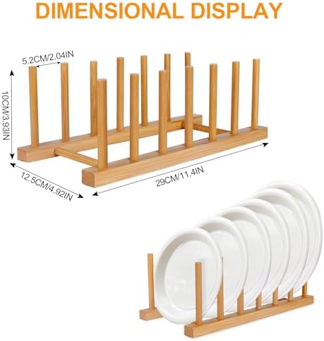 SAMEBUTECO Bamboo Wooden Dish Racks Plate Stand Holder Vertical Drainer Kitchen Cabinet Organizer for Dish, Pots, Lids, Bowls, Cups, and Cutting Boards and Books(2 Packs) - Image 2