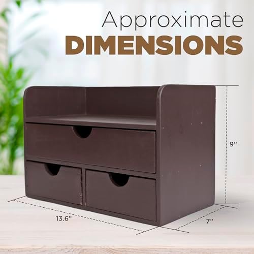 Besti Wooden Office Desk Organizer - Organizing Tool for Desktop, Cubicle, Bedroom, Kitchen - Vintage Style Organization Caddy with Top Tray Shelf & 3 Drawers - 13.6x9x7 Inches (Dark Brown) - Image 3