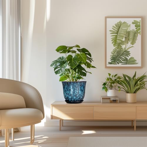 8 Inch Plant Pot - Ceramic Planter for Indoor Outdoor, Round Planter with Drainage Hole and Saucer, Modern Planters, Flower Pots, Apartment Porch Room Home Decor, Gardening Gifts, Blue - Image 7