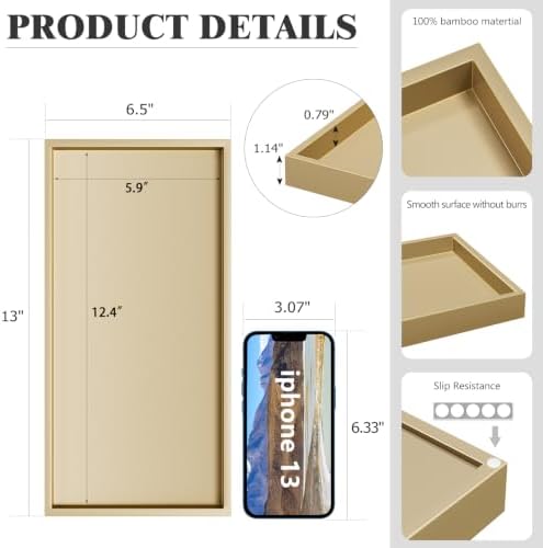 ZHWS Gold Bathroom Vanity Tray for Countertop Perfume Makeup Jewelry Candle Decor, Kitchen Tray for Soap Dispenser Spice Salt, Large Gold Tray for Toilet Tank Paper, Serving Nightstand 13”x6.5” - Image 5