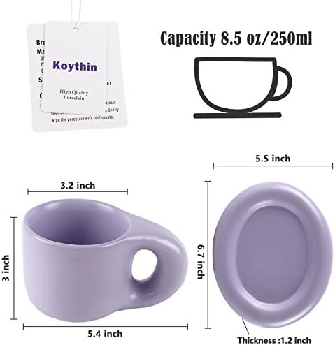 Koythin Ceramic Coffee Chubby Mug Saucer Set, Creative Cute Fat Handle Cup with Saucer for Office and Home, Dishwasher and Microwave Safe, 10 oz for Latte Tea Milk (Light Purple) - Image 2