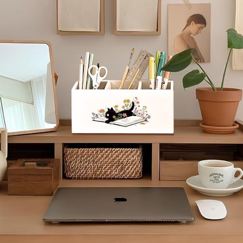 Black Cat Pen Holder, Book Lovers Reader Gifts Pencil Holder for Desk, Black Cat Lovers Gifts for Women, Floral Book Wooden Box Sign Decorations for Reading Room Corner Nook Desk Tabletop - Image 3