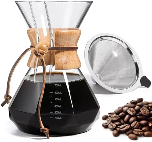Pour Over Coffee Maker 27 OZ, 8 Cup Borosilicate Glass Drip Coffee Maker with Reusable Stainless Steel Filter and Cork Grip for Home Café 800 ML (Diamond Shape) by Yopinmall