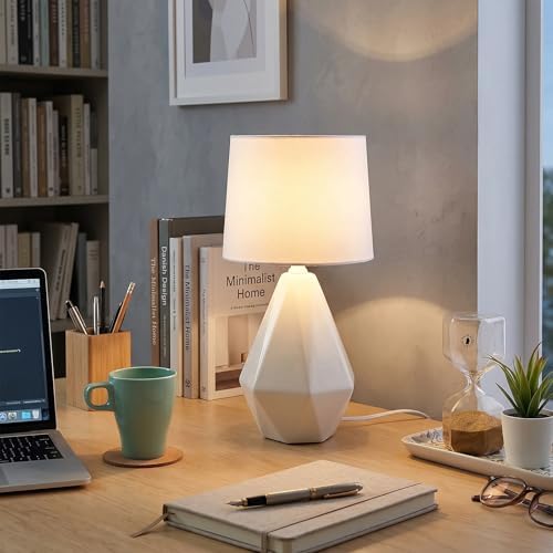 SOTTAE Modern Small Ceramic Table Lamp, White Irregular Geometric Bedside Table lamp for Bedroom,Nightstand Lamps with White Fabric Shade, Small Lamp for Kitchen Living Room - Image 4