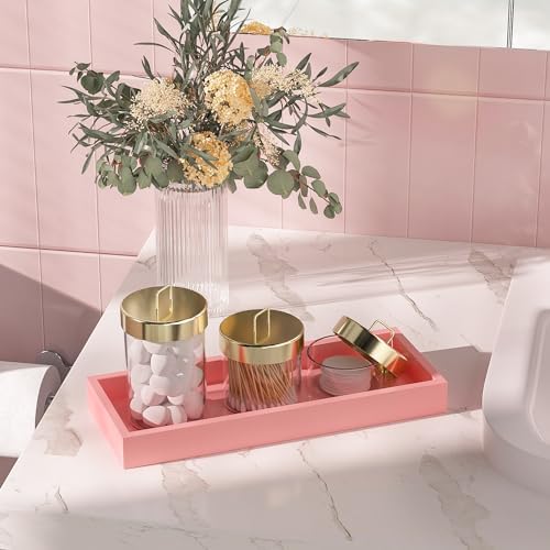 ZHWS Bathroom Vanity Tray for Perfume Decor Toilet Tank Candle Toiletries, Kitchen Tray for Soap Dispenser Spice Salt Coffee, Bamboo Nightstand Tray 11.3”x4.4” (Pink) - Image 2