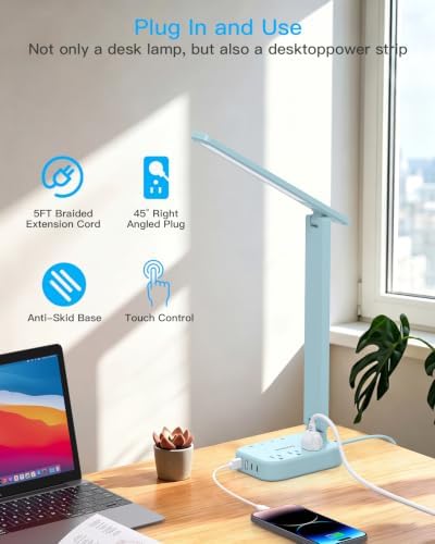 LED Desk Lamp, Power Strip with 4 USB 3 Outlets, Dorm Room Essentials, Blue - Image 5